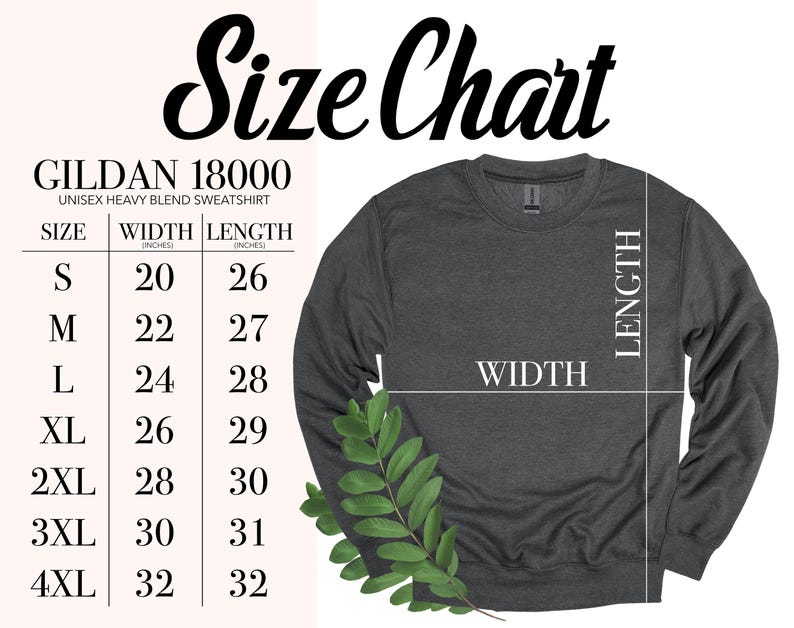 May include: A dark grey Gildan 18000 unisex heavy blend sweatshirt with a size chart. The chart lists sizes S to 4XL, with width measurements from 50.8 to 81.3 cm and length measurements from 66 to 81.3 cm.
