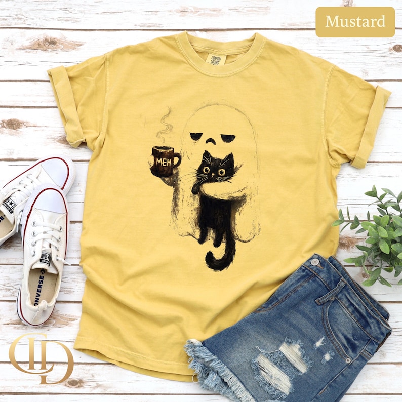 Ghost Cat Shirt, Spooky Black Cat Graphic Tee, Funny Introvert Halloween Coffee Lover Gift image 9