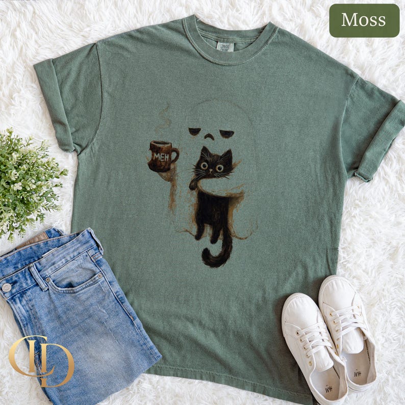 Ghost Cat Shirt, Spooky Black Cat Graphic Tee, Funny Introvert Halloween Coffee Lover Gift image 6
