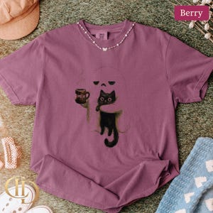 Ghost Cat Shirt, Spooky Black Cat Graphic Tee, Funny Introvert Halloween Coffee Lover Gift image 8