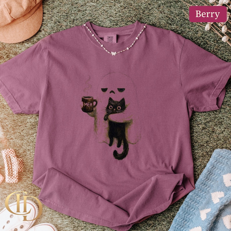 Ghost Cat Shirt, Spooky Black Cat Graphic Tee, Funny Introvert Halloween Coffee Lover Gift image 8