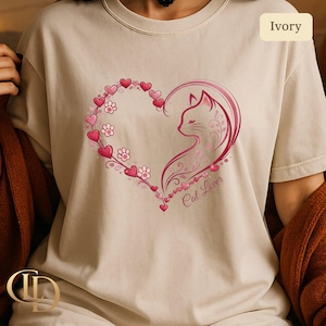 Cat Lover Heart Graphic Tee, Floral Feline Silhouette Shirt, Cute Pet Owner Gift