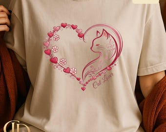 Cat Lover Heart Graphic Tee, Floral Feline Silhouette Shirt, Cute Pet Owner Gift
