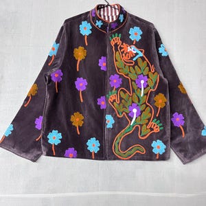 Handmade Brown Velvet Suzani Jacket, Tiger Floral Embroidery, Boho Coat, gift for frinds