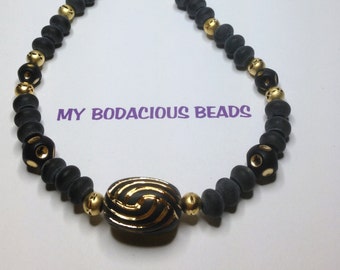 Handmade 18" NECKLACE  Matt Black and Gold  Focal Bead and Accents Golden Hook Closure