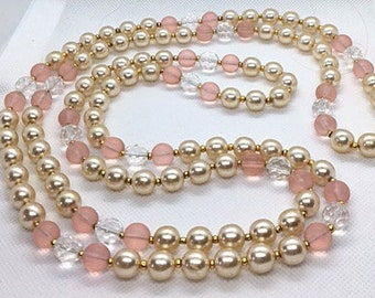 Handmade 56" Delicate CREAMY PEARL Rope NECKLACE Accents of Tiny Gold Beads and Pale Rose Art Glass Beads Plus Clear Crystal accents