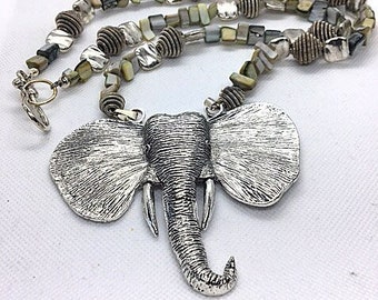 Handmade Stunning 28" ELEPHANT PENDANT NECKLACE Large Silver Elephant, Silver Accents, Mother of Pearl Nuggets  Hook Clasp