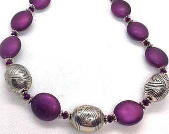 Handmade 17.5"  CHUNKY NECKLACE Large Matt Plum Beads & Large Silver Accent Beads Glitzy Faceted Plum Filler Beads Sassy