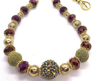 Handmade 21" Chunky NECKLACE PURPLE Faceted Iridescent Crystals Sparkler Focal Bead GOLD Beads and Accents Golden Hook Closure