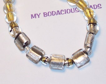 Handmade 19" NECKLACE Gold and Silver FOIL Metallic Glass Art Beads  Golden Hook Closure