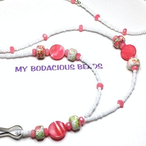 Handmade 34&quot; CORAL and WHITE Beaded Badge ID Lanyard  Floral Accent Beads Mother of Pearl Durable Handy