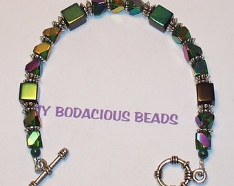 Handmade  8" BRACELET Black Green Blue AB IIRIDESCENT Beads Silver Accents and Toggle Closure