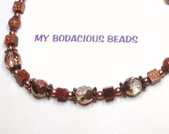 Sparkly Handmade 20" Copperish GOLDSTONE NECKLACE Faceted Crystal Copper Accents and Closure