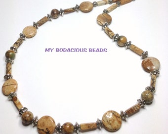 Handmade 20" NECKLACE Leopard Jasper  Brown Tones and Silver ACCENT Beads Hook Closure