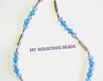 Handmade NECKLACE 16.5"  Beautiful Soft Blue Czech Crystal SILVER Greek Beads Hook Clasp