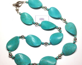 Handmade 24" Twisted Oval TURQUOISE NECKLACE  SILVER Accent Beads Designer Hook Closure