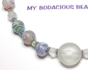 Handmade 19" NECKLACE Frosted Soft PASTEL Art Glass Beads  Silver Accents and Hook Closure
