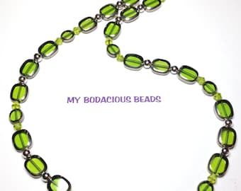 Handmade 22" GREEN Silver Rimmed Art Glass Oval NECKLACE with Silver and Crystal Bead Accents and Silver Hook Closure