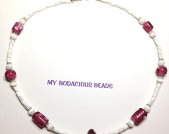 Handmade 18" WHITE and Cranberry Dot Art Glass NECKLACE SILVER Accent Beads  Lobster Claw Clasp