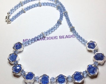 Handmade  CRYSTAL NECKLACE 19"  Beautiful Sky Blue Czech Crystal and Silver Accents Magnetic Clasp