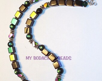 Handmade  17" NECKLACE Black Green Pink Blue AB IRIDESCENT Assorted Shaped Beads Silver Accents and Hook Closure