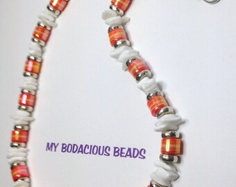 Handmade 18" Summery ORANGE WHITE NECKLACE  White Shell Chips Orange Stripe Beads Silver Accents  Hook Closure