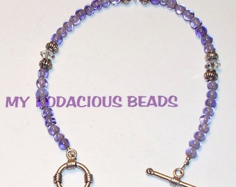 Handmade 7.5" DELICATE BRACELET  Amethyst Beads Swarovski Crystals Silver Accents Toggle Closure