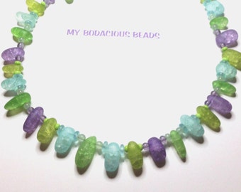 Handmade 28" Frosted Crackle GLASS NECKLACE Violet Lime Aqua Green and Gold Designer Hook Closure