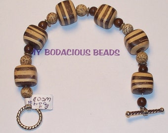 Handmade  7.5" Striped WOODEN BLOCK BRACELET  with Bead Accents and Toggle Closure