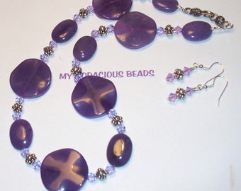 Handmade 19" Sparkly NECKLACE and EARRING Set Dark LAVENDER Art Glass and Swarovski Crystal Beads Silver Accents Hook Closure