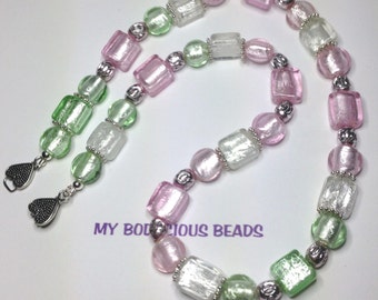 Handmade 21" NECKLACE Shimmer and Sparkle Foil Lined PASTEL Art GlassBeads Faceted  Silver Beads Accents and Hook Closure