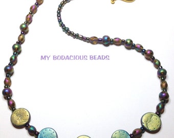 Handmade  23" NECKLACE Gold Green Pink Blue AB IRIDESCENT Assorted Shaped Beads Gold Designer Hook Closure