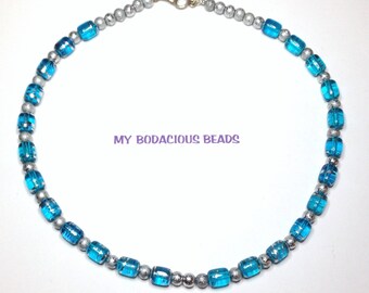 Handmade 19" AQUA SILVER Art Glass Necklace Silver TEXTURE Beads Hook Clasp