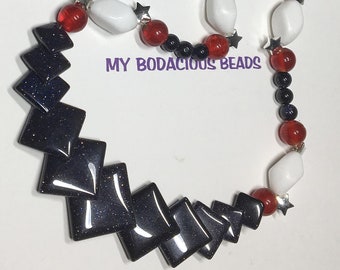 Handmade 18" Fun Red  White Blue Patriotic NECKLACE  Silver Star  Accents MAGNETIC CLOSURE