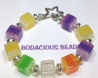 Handmade 7.5" Multicolor Striped FUNKY CUBE BRACELET Silver Accent Beads Toggle Clasp