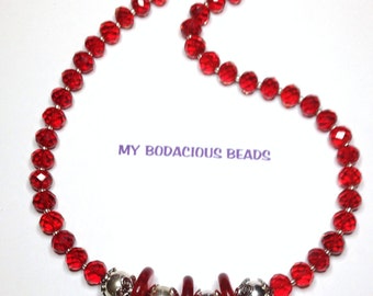 Handmade 19" RUBY RED Faceted Art Glass Chunky Necklace Silver Accents Bead Caps Magnetic Clasp