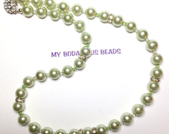 Elegant Handmadeand 20"  Pale Green  & Crystal PEARL NECKLACE  Swarovski Crystal  and Silver Clasp