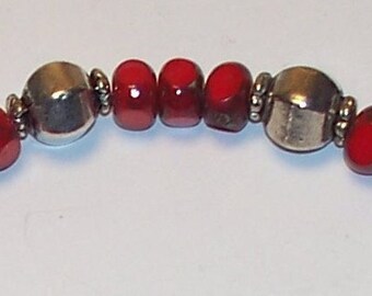 Handmade 7.5" BRACELET RED CZECH Fire Polished Art Glass, Silver Beads and Silver Toggle