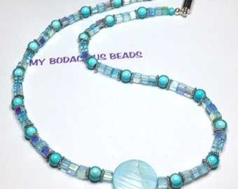 Handmade 18" SPARKLY TEAL NECKLACE Teal Iridescent Beads Mother Pearl Focal Silver Accents Magnetic Closure