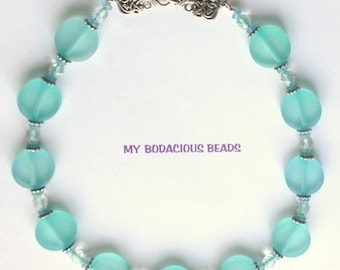 Handmade 19" FROSTED AQUA DISC Necklace Faceted Art Glass Accents Silver Accents Designer Clasp