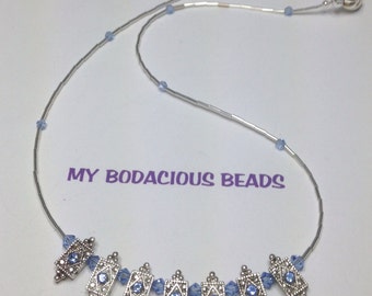 Handmade 18" Swarovski CRYSTAL NECKLACE 7 Soft Blue Dangle Beads  Liquid Silver Crystal Beads MAGNETIC Clasp