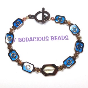 Handmade 8&quot; Marine Blue Art GLASS and COPPER BRACELET with Faceted and Flat Bead Copper Accents and Toggle Closure