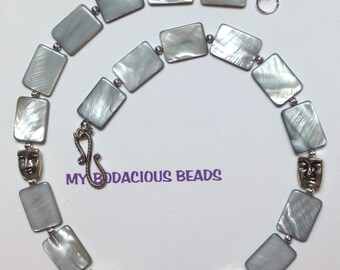Handmade Gray Mother of Pearl 19" FACE Necklace  with Silver Accents  and Hook  Closure
