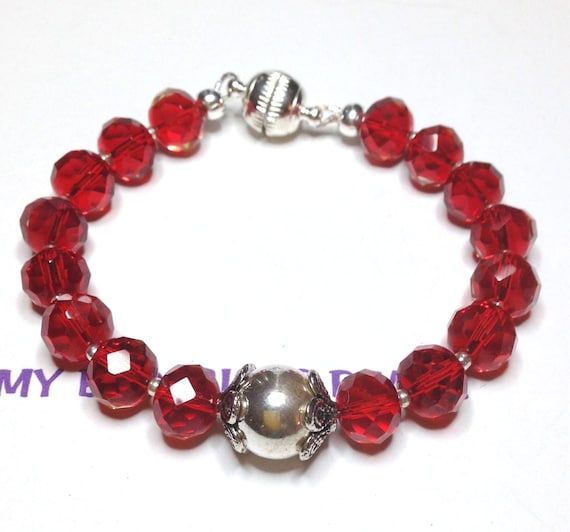Handmade 75 Ruby Red Faceted Art Glass Bracelet Silver Accents Bead Caps Magnetic Clasp - 