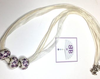 Handmade 18" Pale Creamy Cord Ribbon NECKLACE  with 3 Plum Flowered Beads, Hook Adjustable Closure