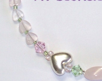 Handmade 16.5" Sweeheart ROSE QUARTZ  NECKLACE Pale Pink/Green Quartz Hearts Silver Accents