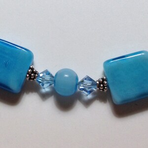 Handmade 19&quot; AQUA Blue Art Glass Squares NECKLACE with Silver and Crystal Bead Accents and Silver Hook Closure