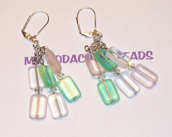 Handmade 2 1/4" TRIPLE CHANDELIER EARRINGS Pale Green Pink Clear Art Glass Rectangle Beads Crystals Silver Leverbacks