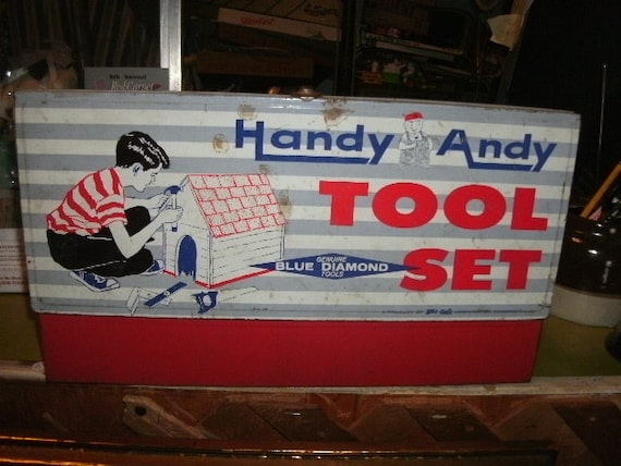 Items similar to Vintage Handy Andy Tool box with metal toy building ...