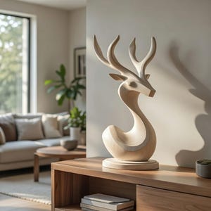 Hand Carved Wooden Deer Sculpture | Modern Minimalist Home Decor